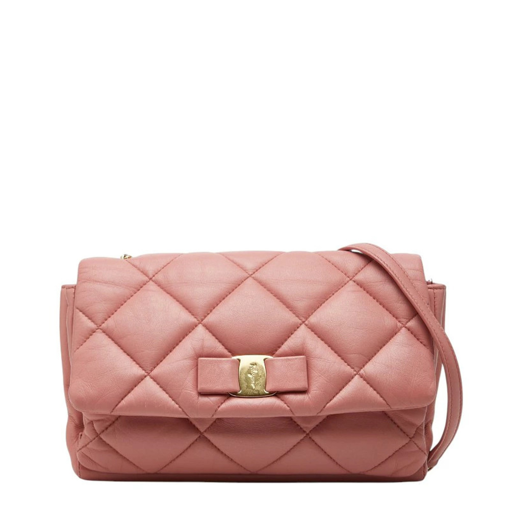 Salvatore Ferragamo Vara Ribbon Crossbody Chain Shoulder Bag Pink Leather